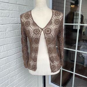 Carmen Marc Valvo Women's Handmade Crochet Beaded Cardigan Tan Size S